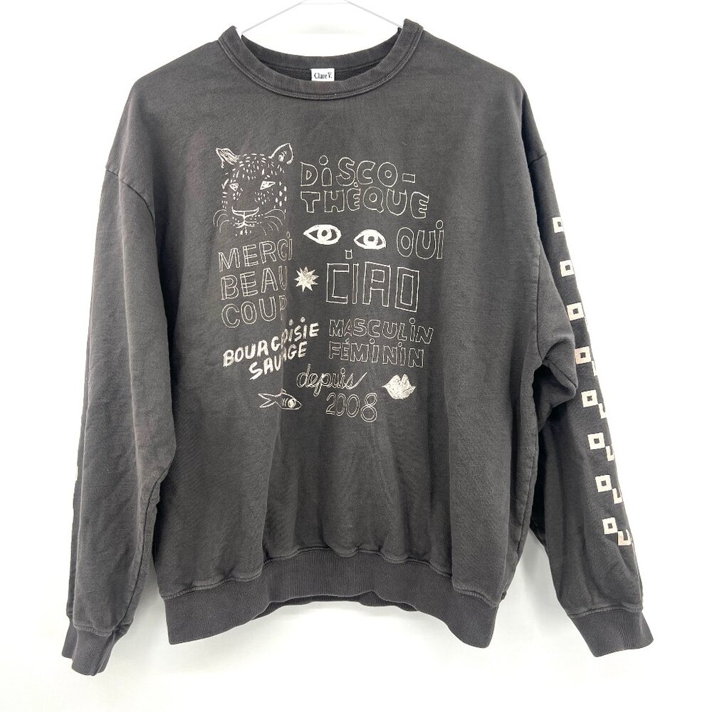 Clare V. Graphic Charcoal Cream Pullover Sweatshirt Women's Medium